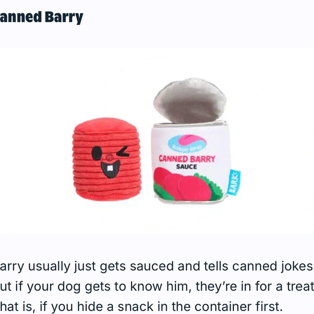 NWT Bark Canned Barry Sauce Dog Toy